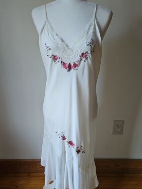 White Floral Lace Gown with Pink Rose Embroidery